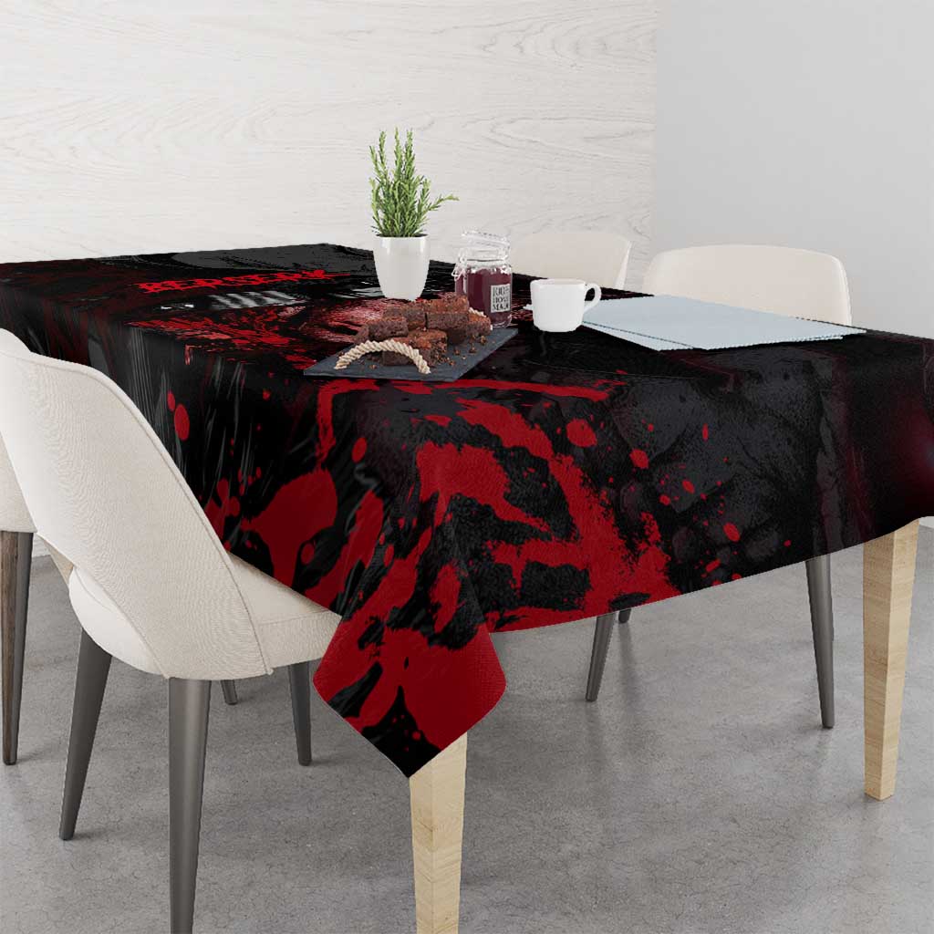Guts Berserk Dark Theme Tablecloth with Blood Splatter and Intense Warrior Expression Design - The Mazicc