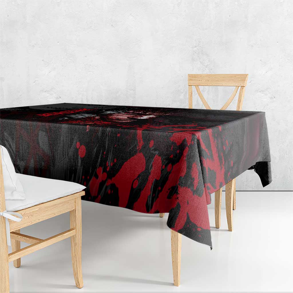 Guts Berserk Dark Theme Tablecloth with Blood Splatter and Intense Warrior Expression Design - The Mazicc