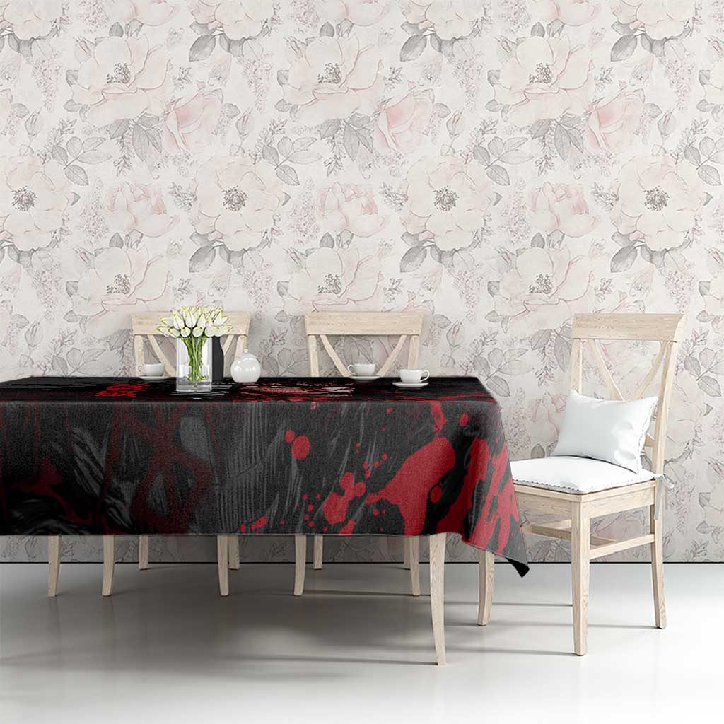 Guts Berserk Dark Theme Tablecloth with Blood Splatter and Intense Warrior Expression Design - The Mazicc