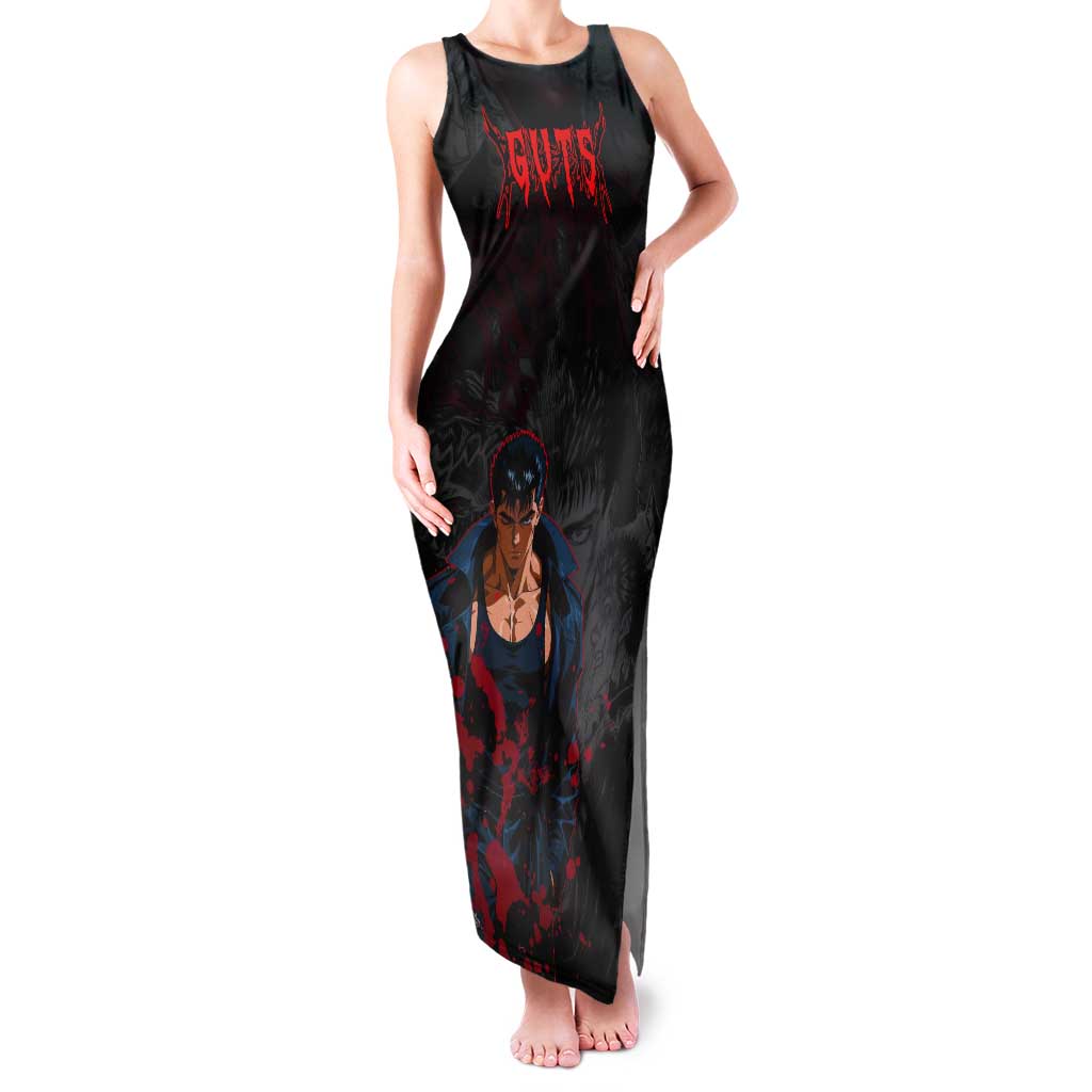 Guts Berserk Dark Theme Tank Maxi Dress with Blood Splatter and Intense Warrior Expression Design - The Mazicc