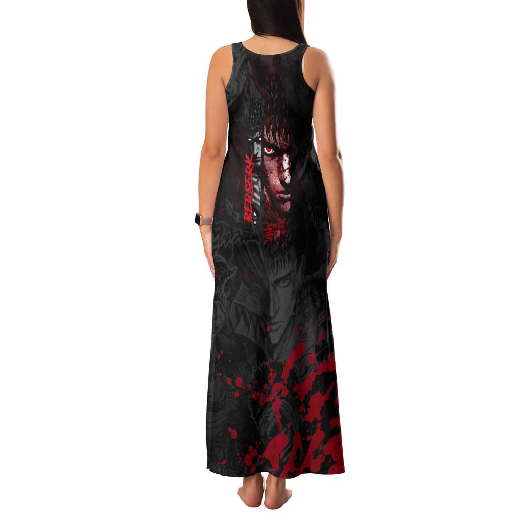 Guts Berserk Dark Theme Tank Maxi Dress with Blood Splatter and Intense Warrior Expression Design - The Mazicc
