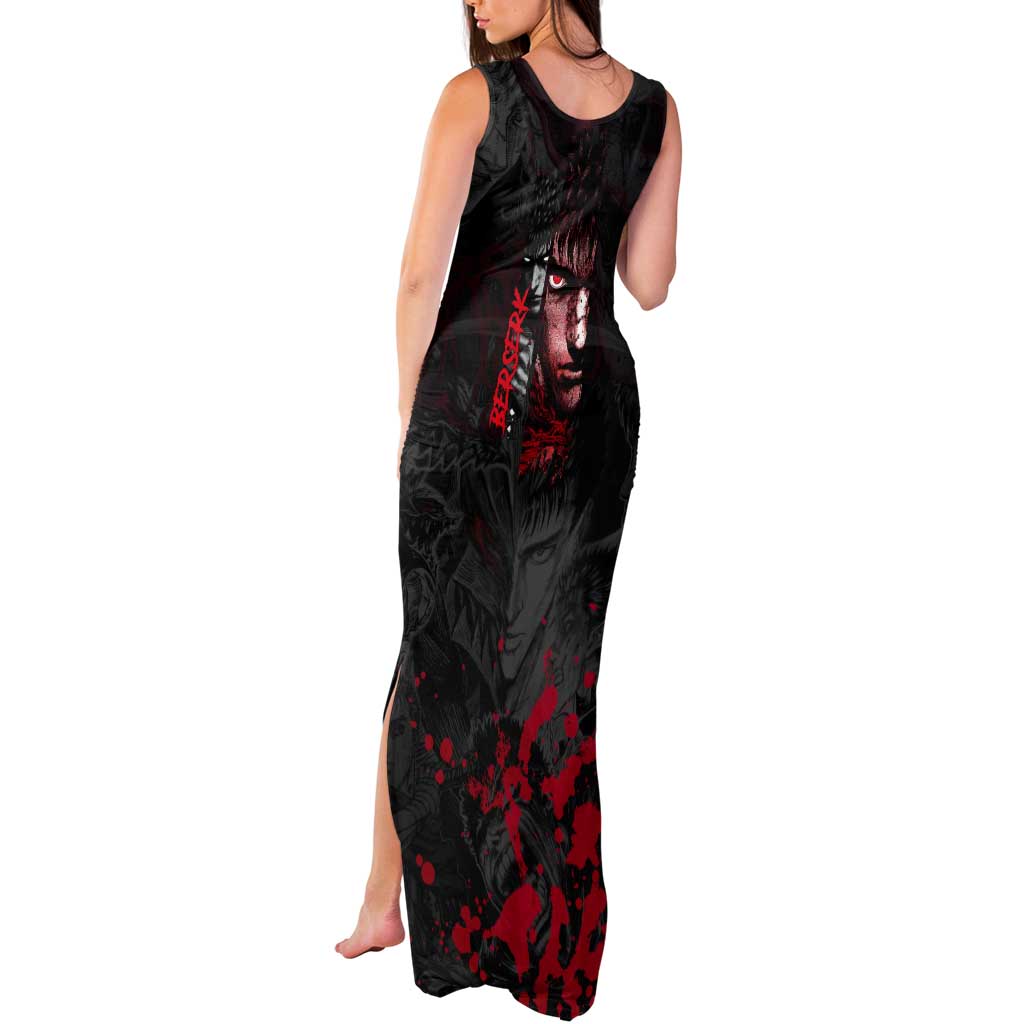 Guts Berserk Dark Theme Tank Maxi Dress with Blood Splatter and Intense Warrior Expression Design - The Mazicc