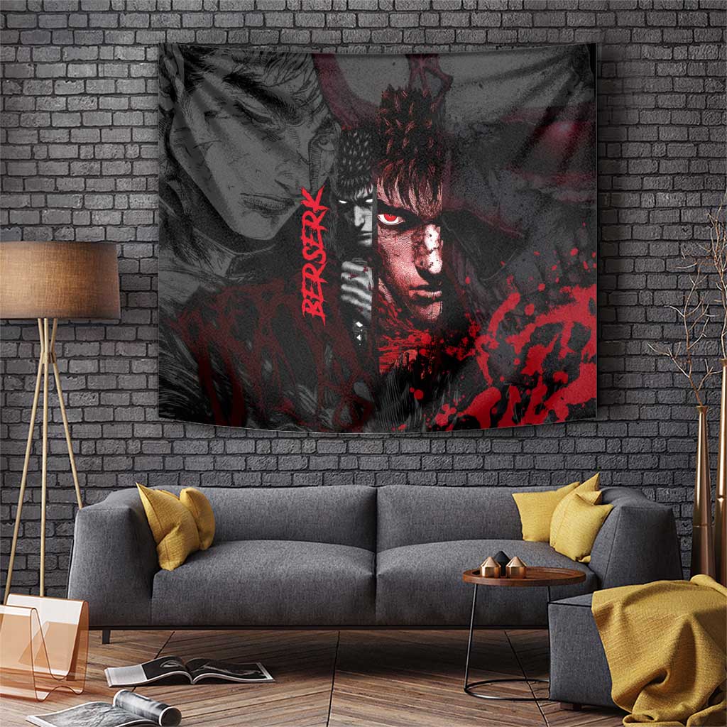 Guts Berserk Dark Theme Tapestry with Blood Splatter and Intense Warrior Expression Design - The Mazicc