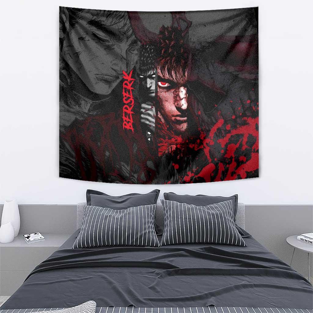 Guts Berserk Dark Theme Tapestry with Blood Splatter and Intense Warrior Expression Design - The Mazicc
