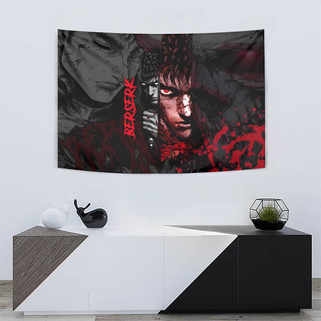 Guts Berserk Dark Theme Tapestry with Blood Splatter and Intense Warrior Expression Design - The Mazicc