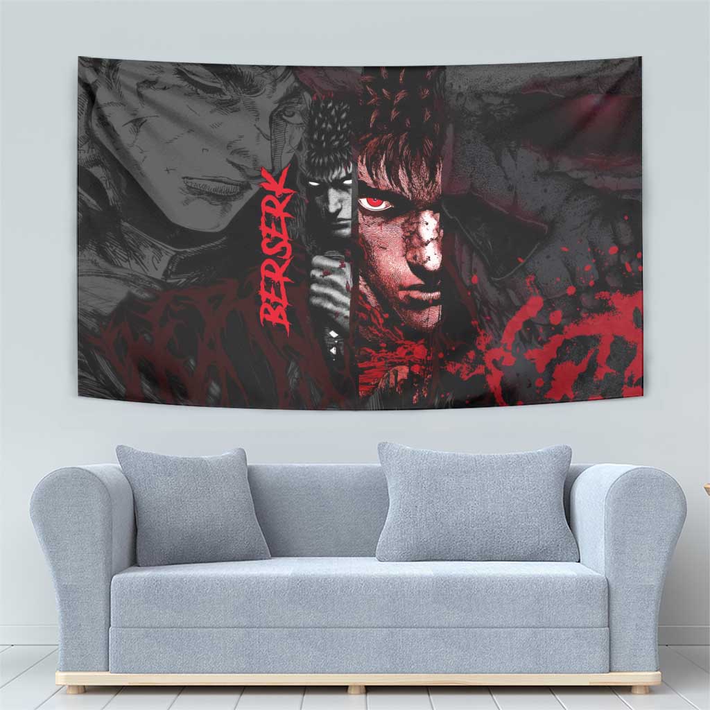 Guts Berserk Dark Theme Tapestry with Blood Splatter and Intense Warrior Expression Design - The Mazicc