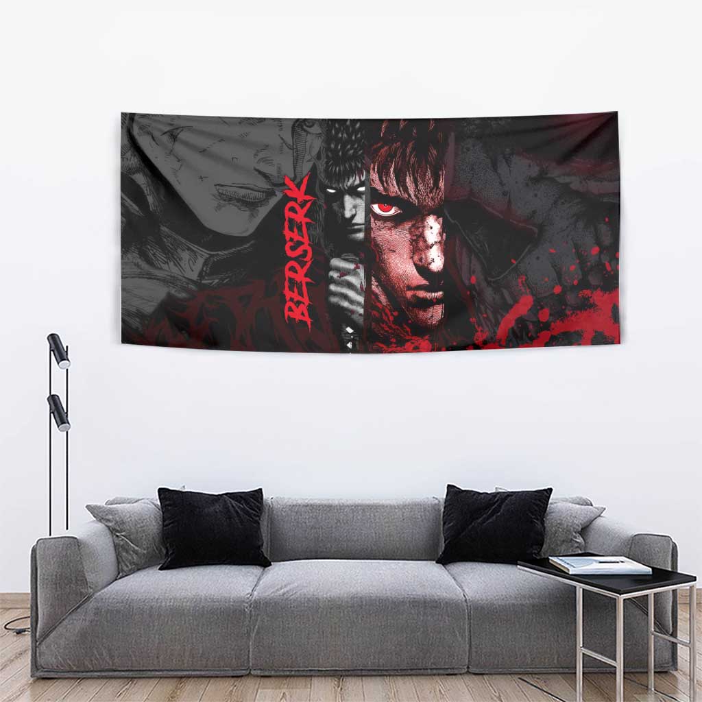 Guts Berserk Dark Theme Tapestry with Blood Splatter and Intense Warrior Expression Design - The Mazicc