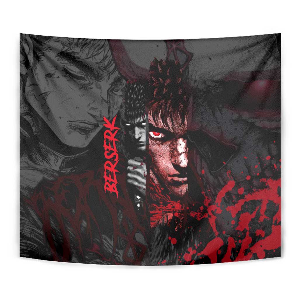Guts Berserk Dark Theme Tapestry with Blood Splatter and Intense Warrior Expression Design - The Mazicc