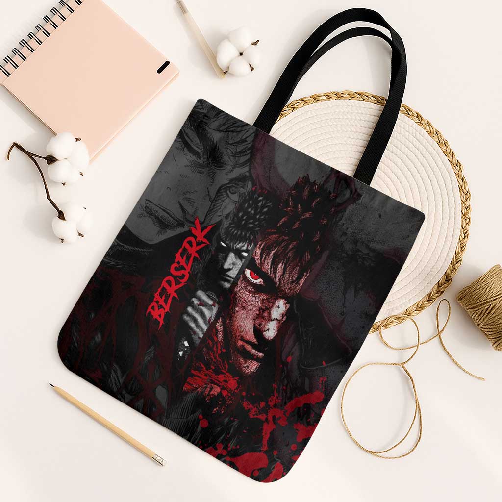 Guts Berserk Dark Theme Tote Bag with Blood Splatter and Intense Warrior Expression Design - The Mazicc