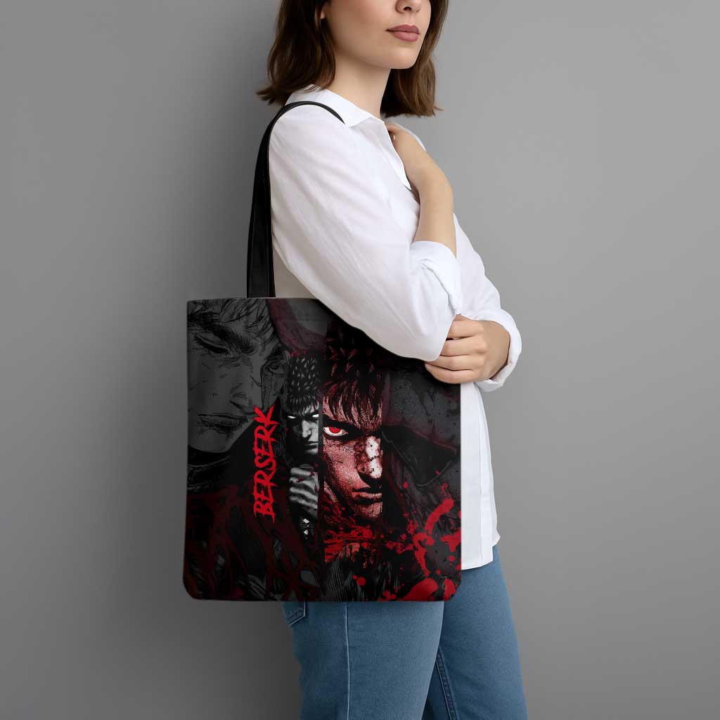 Guts Berserk Dark Theme Tote Bag with Blood Splatter and Intense Warrior Expression Design - The Mazicc
