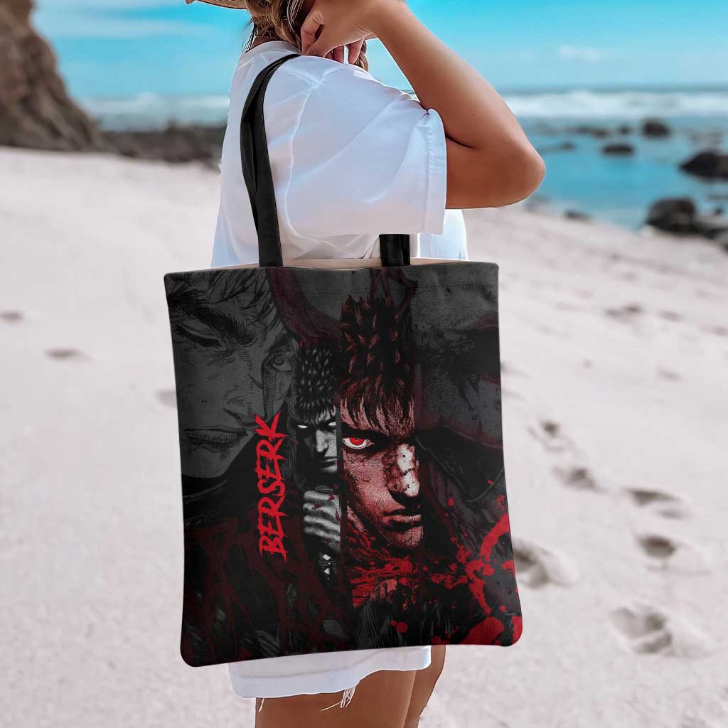 Guts Berserk Dark Theme Tote Bag with Blood Splatter and Intense Warrior Expression Design - The Mazicc