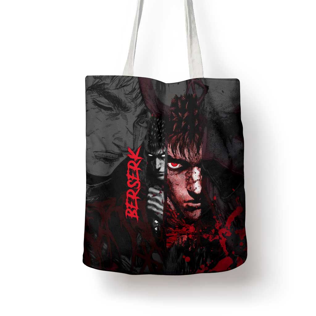 Guts Berserk Dark Theme Tote Bag with Blood Splatter and Intense Warrior Expression Design - The Mazicc