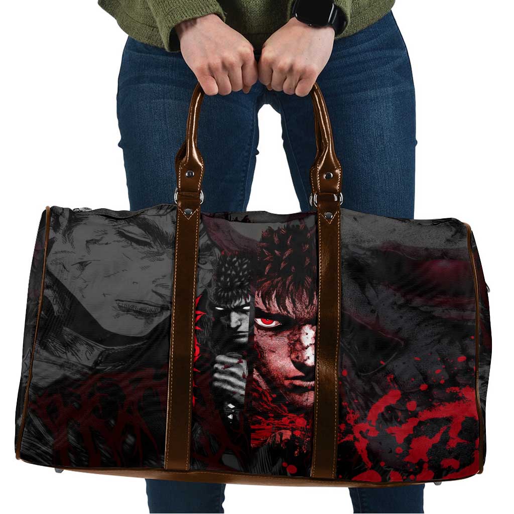 Guts Berserk Dark Theme Travel Bag with Blood Splatter and Intense Warrior Expression Design - The Mazicc