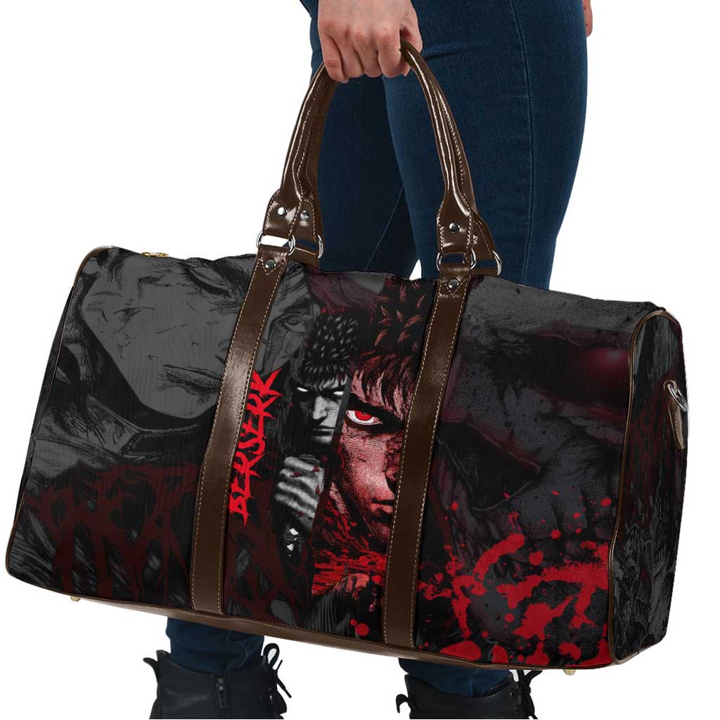Guts Berserk Dark Theme Travel Bag with Blood Splatter and Intense Warrior Expression Design - The Mazicc
