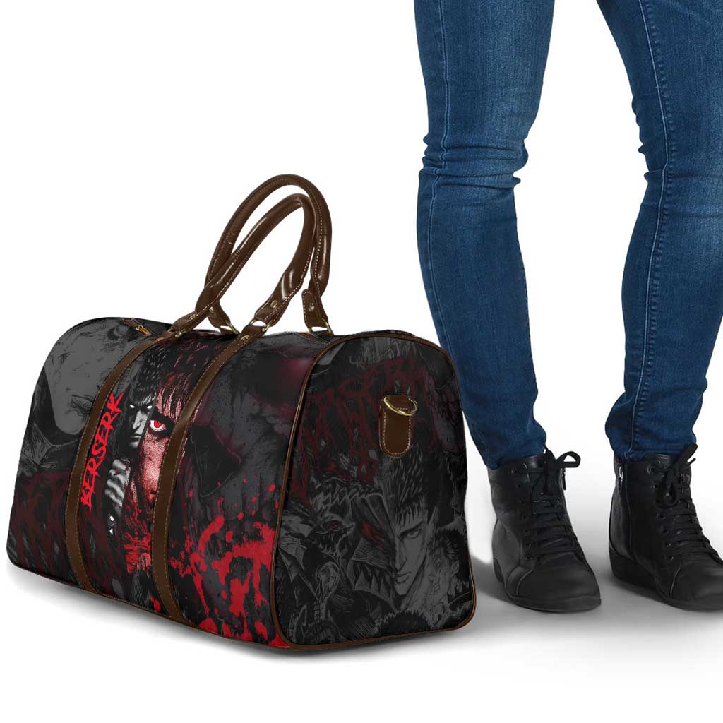 Guts Berserk Dark Theme Travel Bag with Blood Splatter and Intense Warrior Expression Design - The Mazicc
