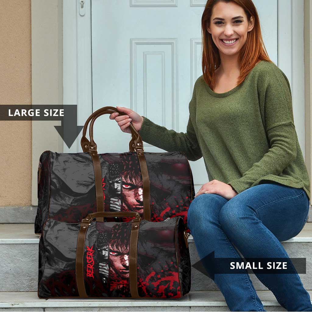 Guts Berserk Dark Theme Travel Bag with Blood Splatter and Intense Warrior Expression Design - The Mazicc