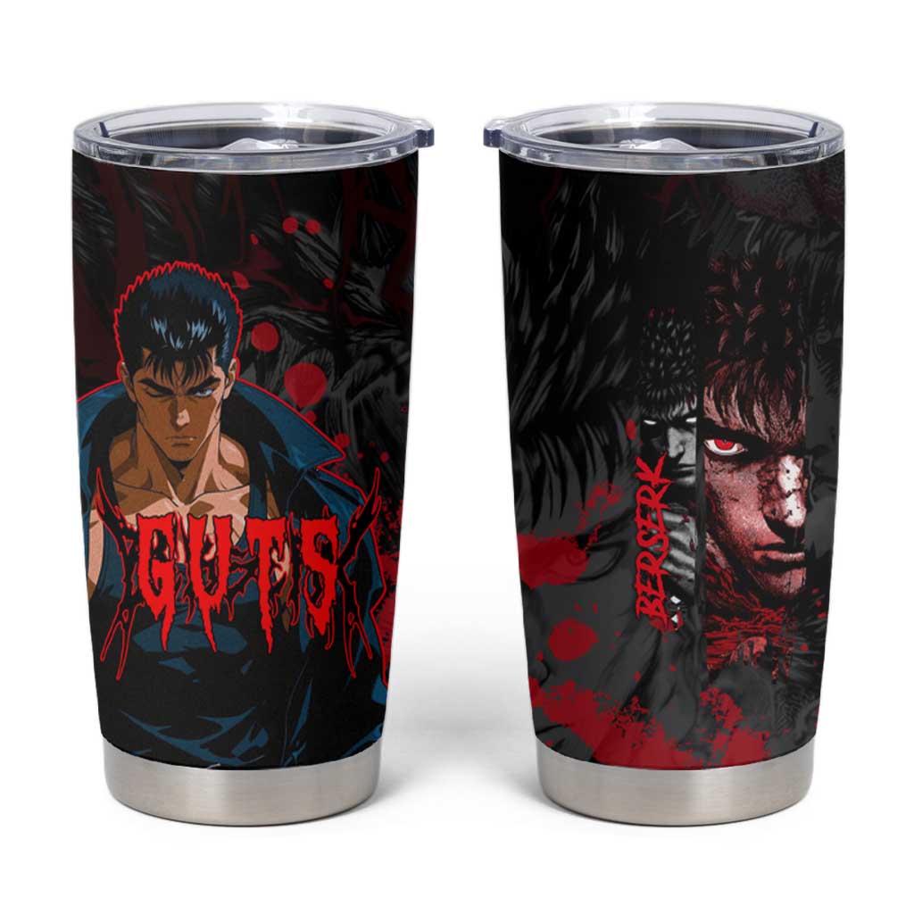 Guts Berserk Dark Theme Tumbler Cup with Blood Splatter and Intense Warrior Expression Design - The Mazicc