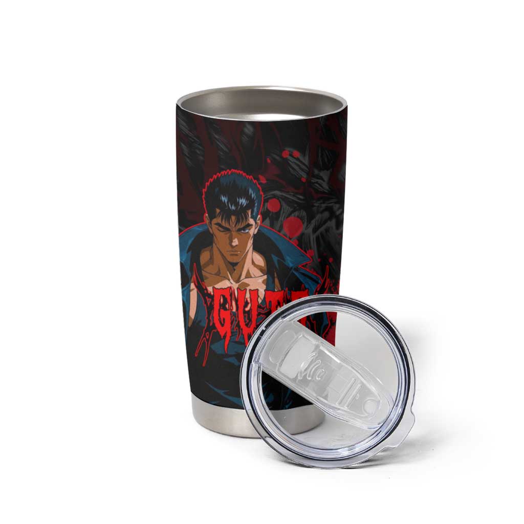 Guts Berserk Dark Theme Tumbler Cup with Blood Splatter and Intense Warrior Expression Design - The Mazicc
