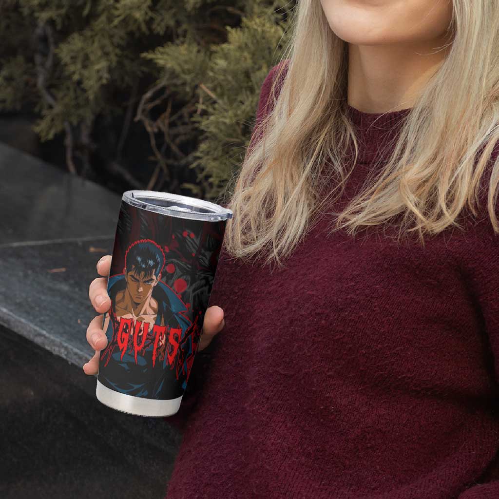 Guts Berserk Dark Theme Tumbler Cup with Blood Splatter and Intense Warrior Expression Design - The Mazicc