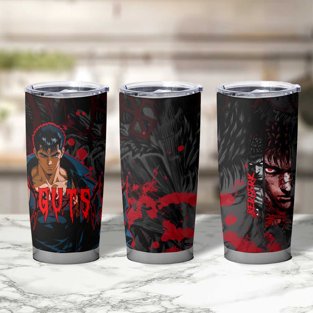 Guts Berserk Dark Theme Tumbler Cup with Blood Splatter and Intense Warrior Expression Design - The Mazicc