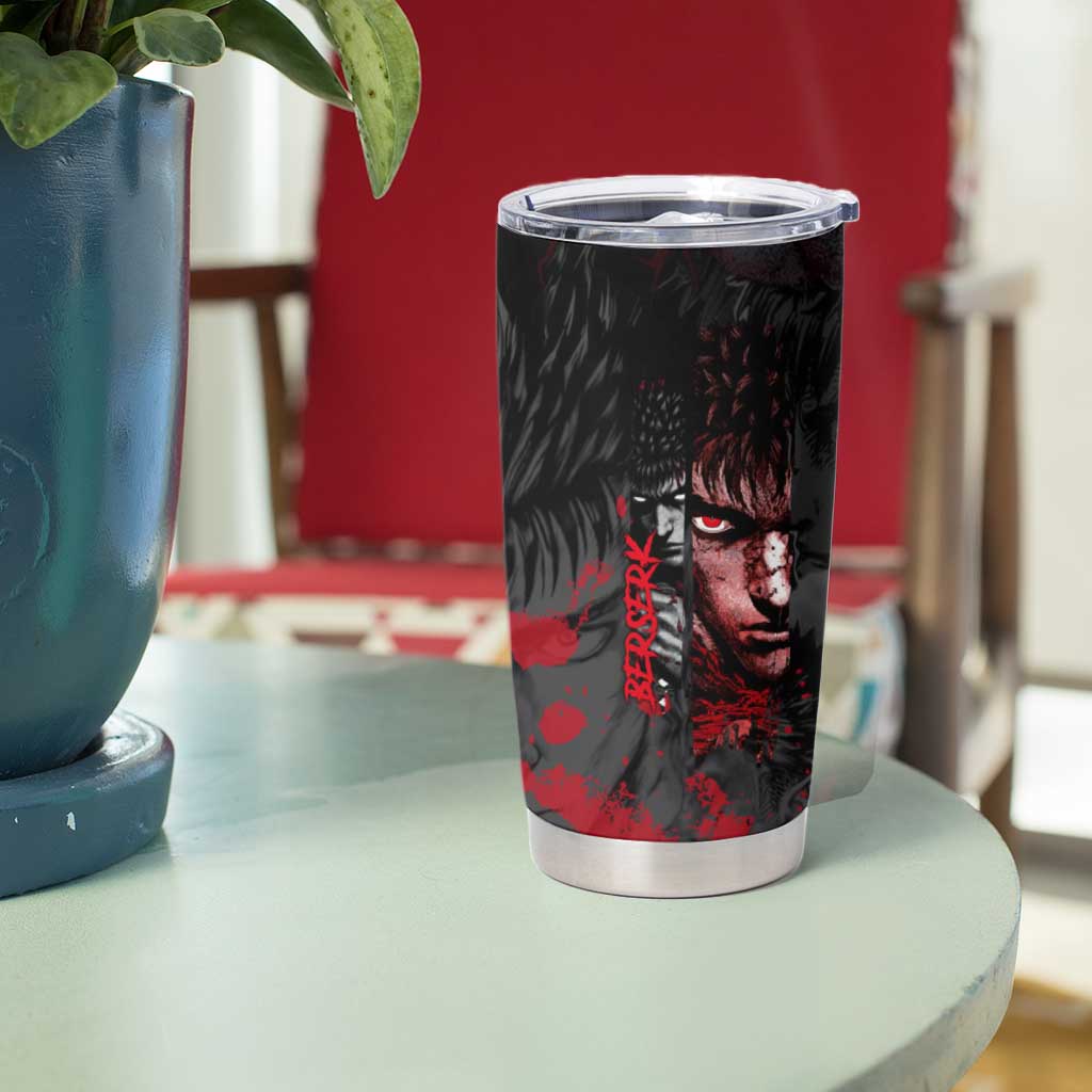 Guts Berserk Dark Theme Tumbler Cup with Blood Splatter and Intense Warrior Expression Design - The Mazicc