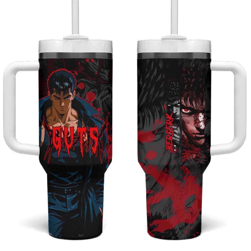 Guts Berserk Dark Theme Tumbler With Handle with Blood Splatter and Intense Warrior Expression Design - The Mazicc
