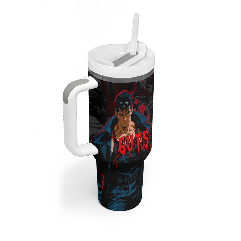 Guts Berserk Dark Theme Tumbler With Handle with Blood Splatter and Intense Warrior Expression Design - The Mazicc