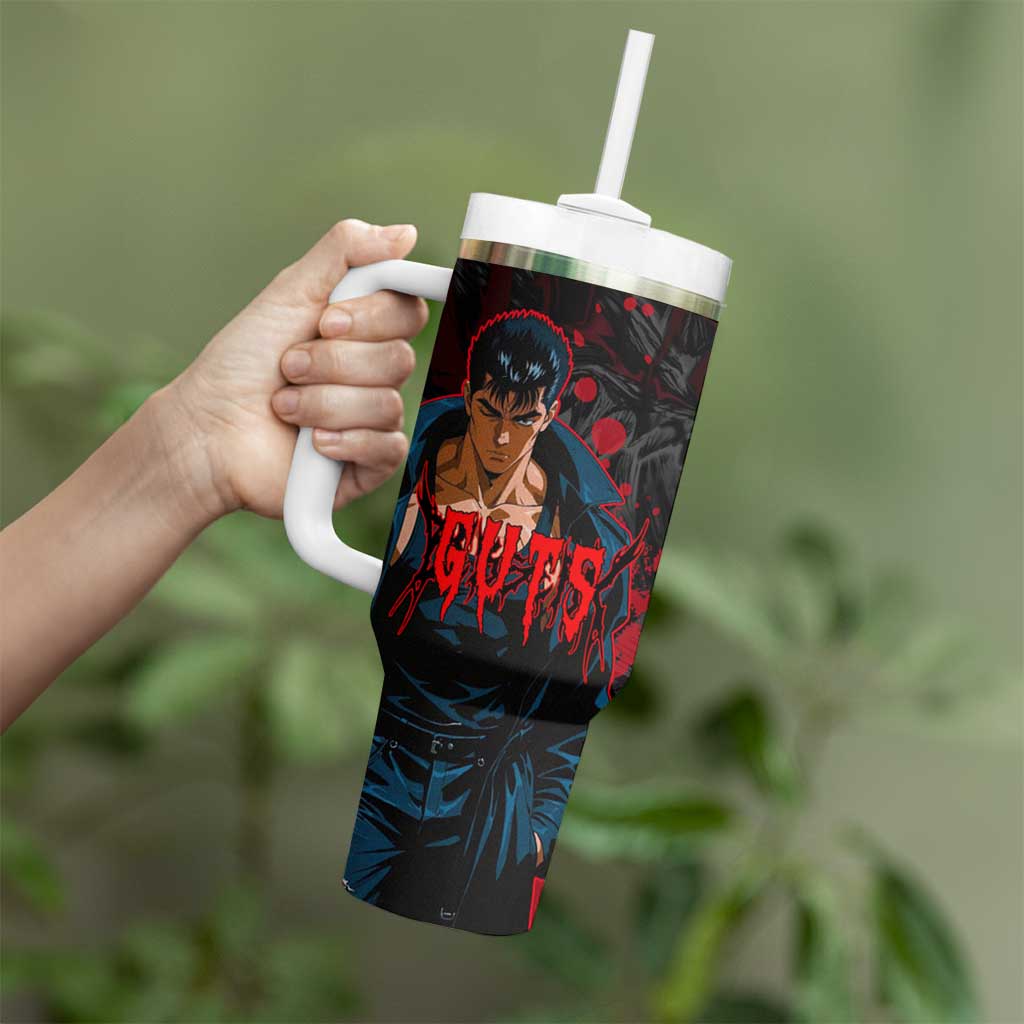 Guts Berserk Dark Theme Tumbler With Handle with Blood Splatter and Intense Warrior Expression Design - The Mazicc