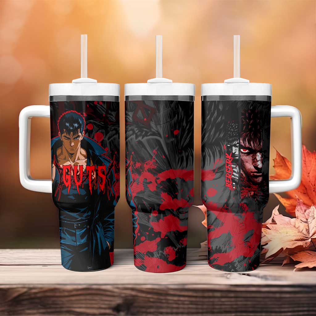 Guts Berserk Dark Theme Tumbler With Handle with Blood Splatter and Intense Warrior Expression Design - The Mazicc