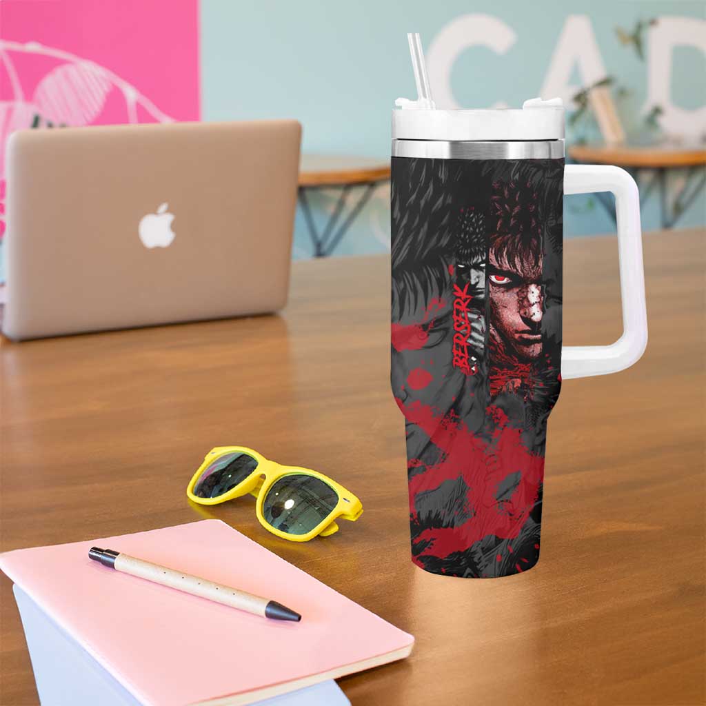 Guts Berserk Dark Theme Tumbler With Handle with Blood Splatter and Intense Warrior Expression Design - The Mazicc