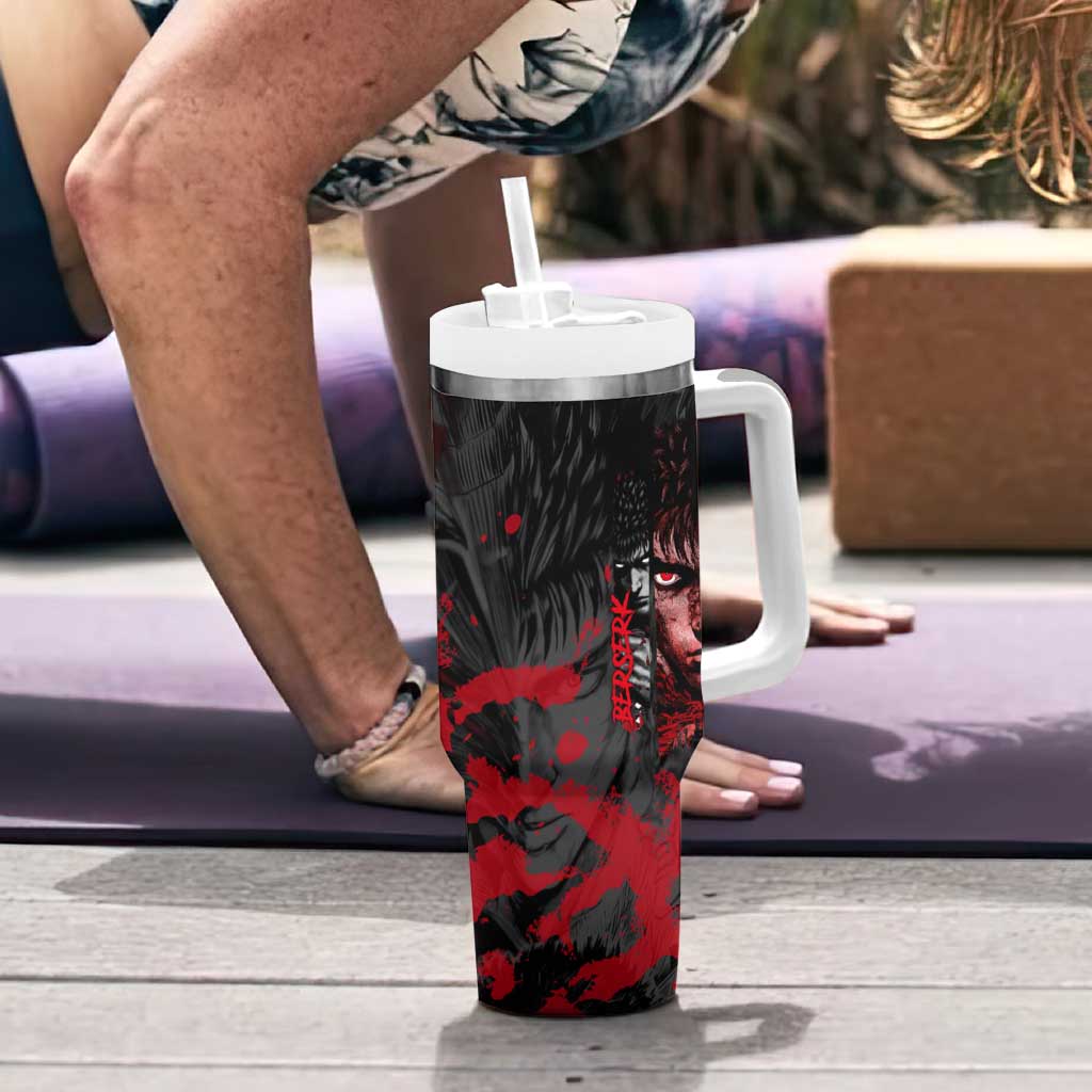 Guts Berserk Dark Theme Tumbler With Handle with Blood Splatter and Intense Warrior Expression Design - The Mazicc