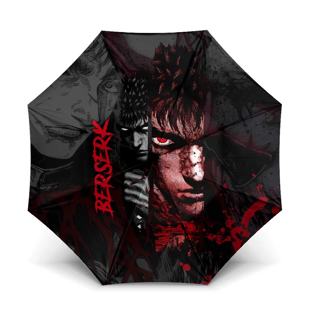 Guts Berserk Dark Theme Umbrella with Blood Splatter and Intense Warrior Expression Design - The Mazicc