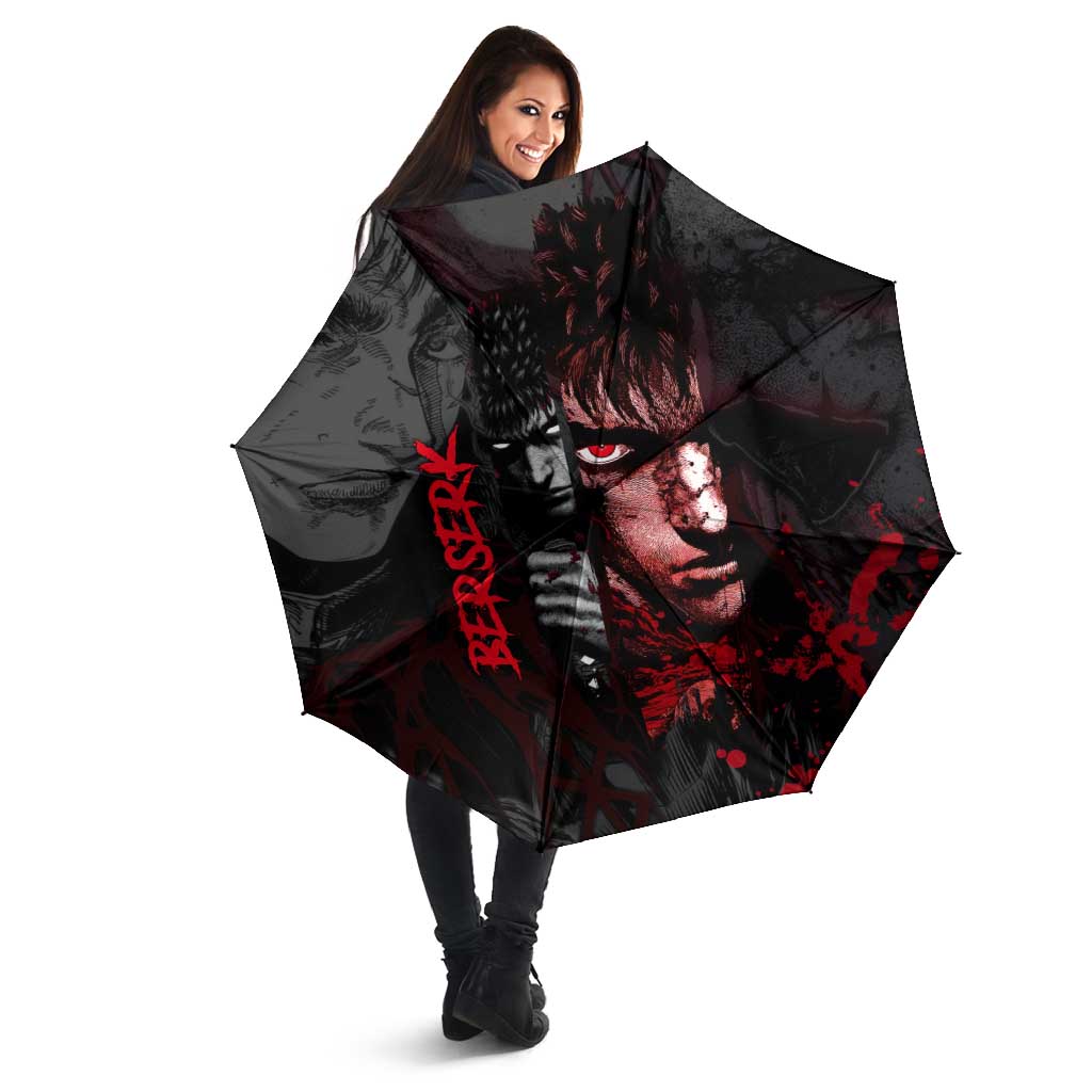 Guts Berserk Dark Theme Umbrella with Blood Splatter and Intense Warrior Expression Design - The Mazicc