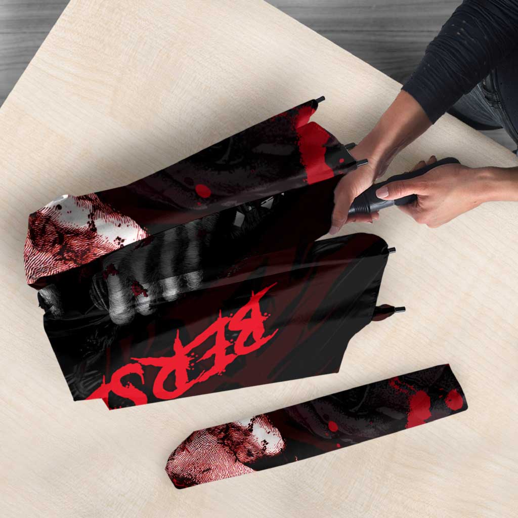 Guts Berserk Dark Theme Umbrella with Blood Splatter and Intense Warrior Expression Design - The Mazicc