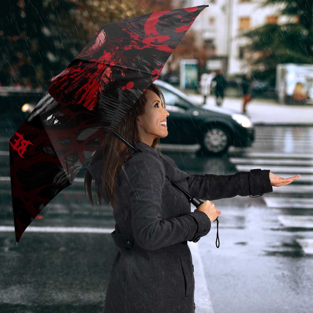 Guts Berserk Dark Theme Umbrella with Blood Splatter and Intense Warrior Expression Design - The Mazicc