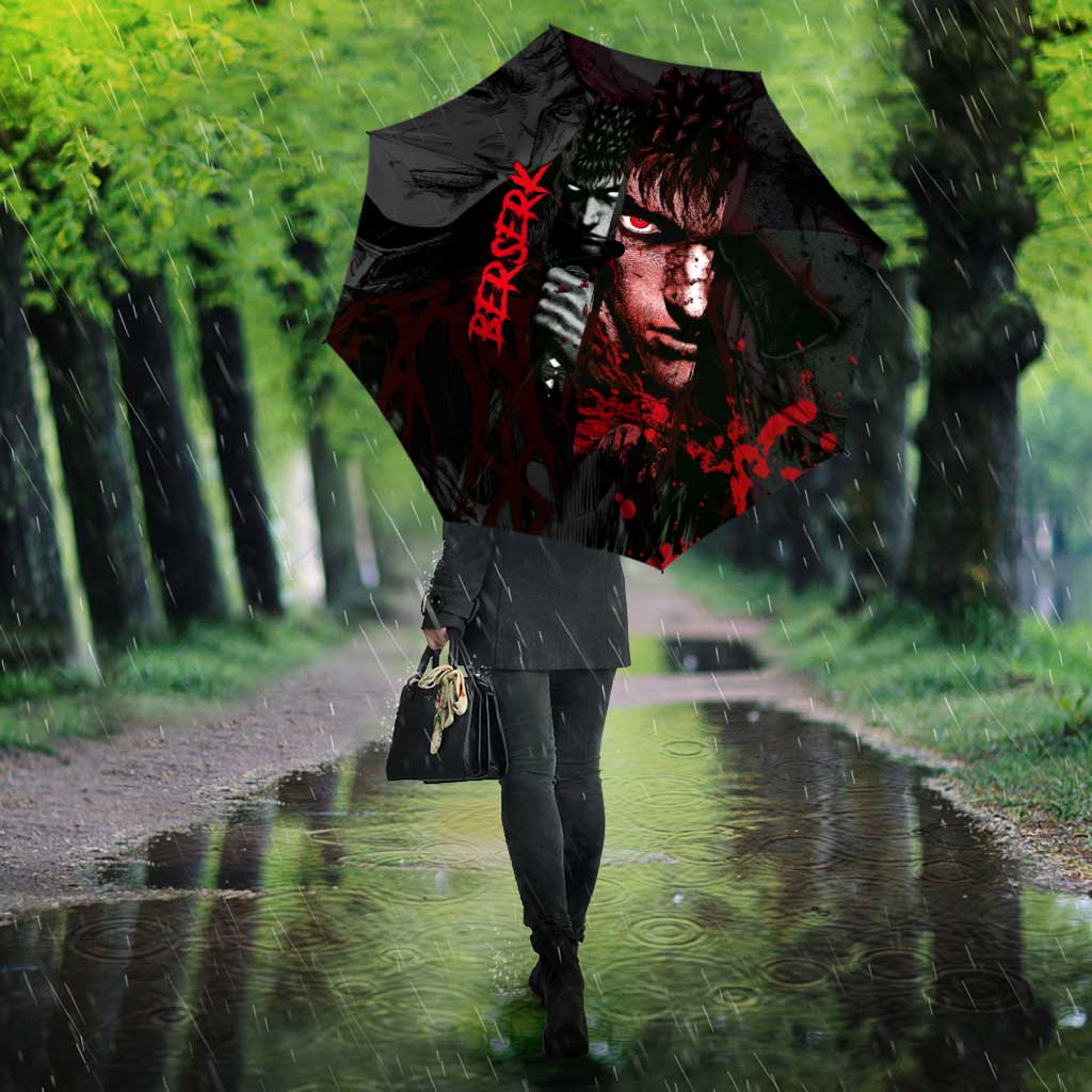 Guts Berserk Dark Theme Umbrella with Blood Splatter and Intense Warrior Expression Design - The Mazicc
