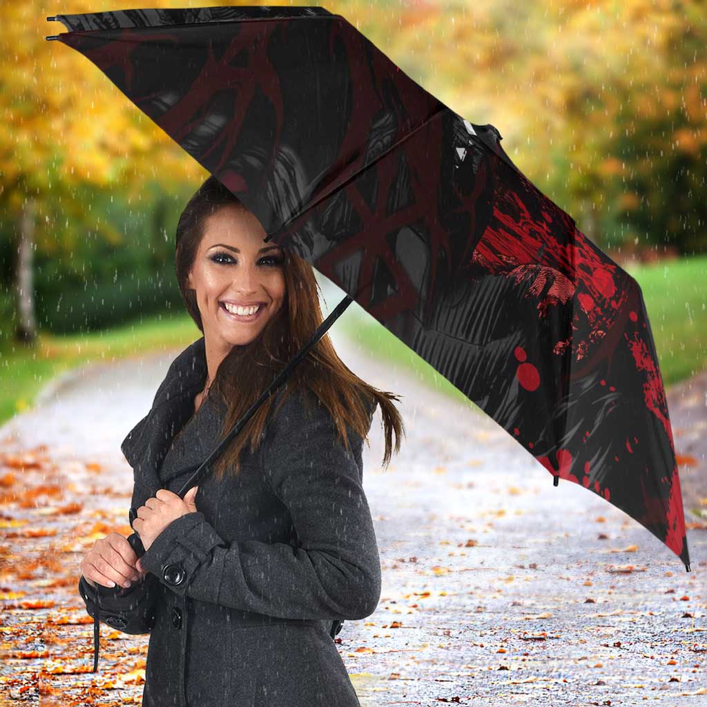 Guts Berserk Dark Theme Umbrella with Blood Splatter and Intense Warrior Expression Design - The Mazicc
