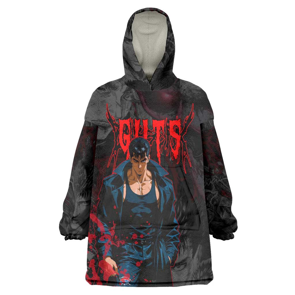 Guts Berserk Dark Theme Wearable Blanket Hoodie with Blood Splatter and Intense Warrior Expression Design - The Mazicc