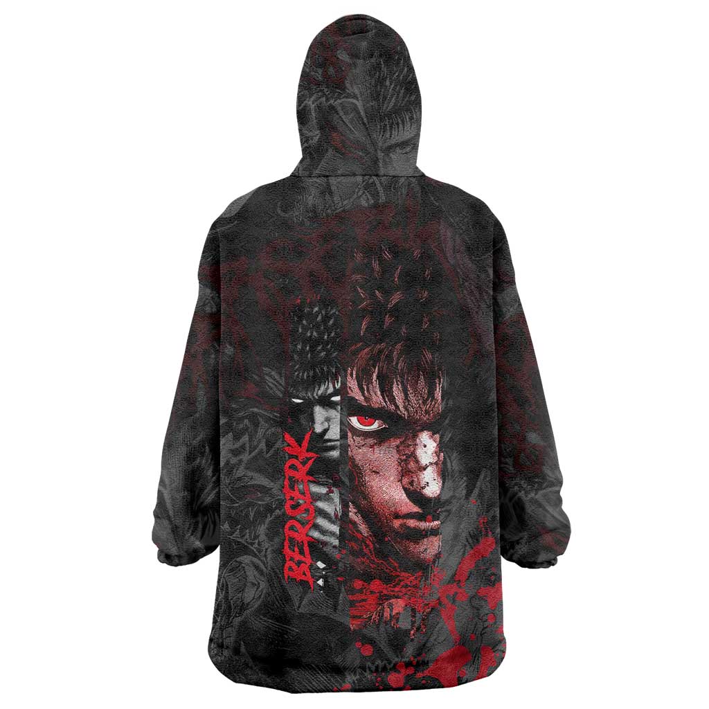 Guts Berserk Dark Theme Wearable Blanket Hoodie with Blood Splatter and Intense Warrior Expression Design - The Mazicc