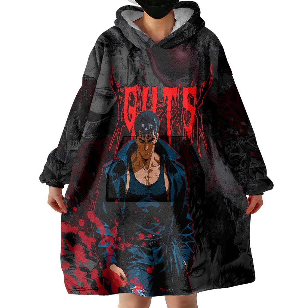 Guts Berserk Dark Theme Wearable Blanket Hoodie with Blood Splatter and Intense Warrior Expression Design - The Mazicc