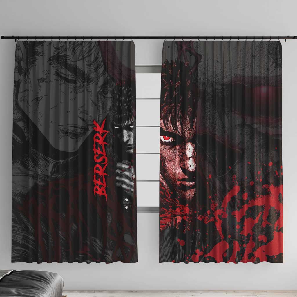 Guts Berserk Dark Theme Window Curtain with Blood Splatter and Intense Warrior Expression Design - The Mazicc