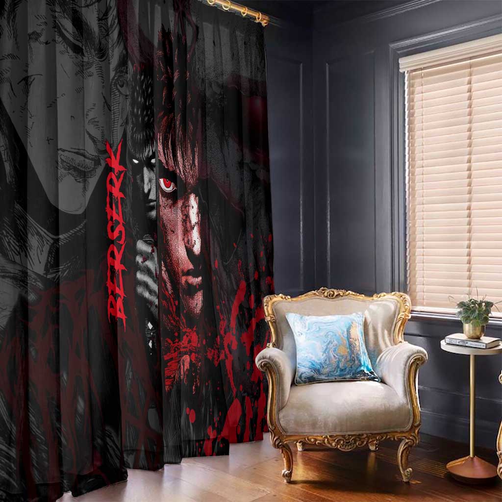 Guts Berserk Dark Theme Window Curtain with Blood Splatter and Intense Warrior Expression Design - The Mazicc