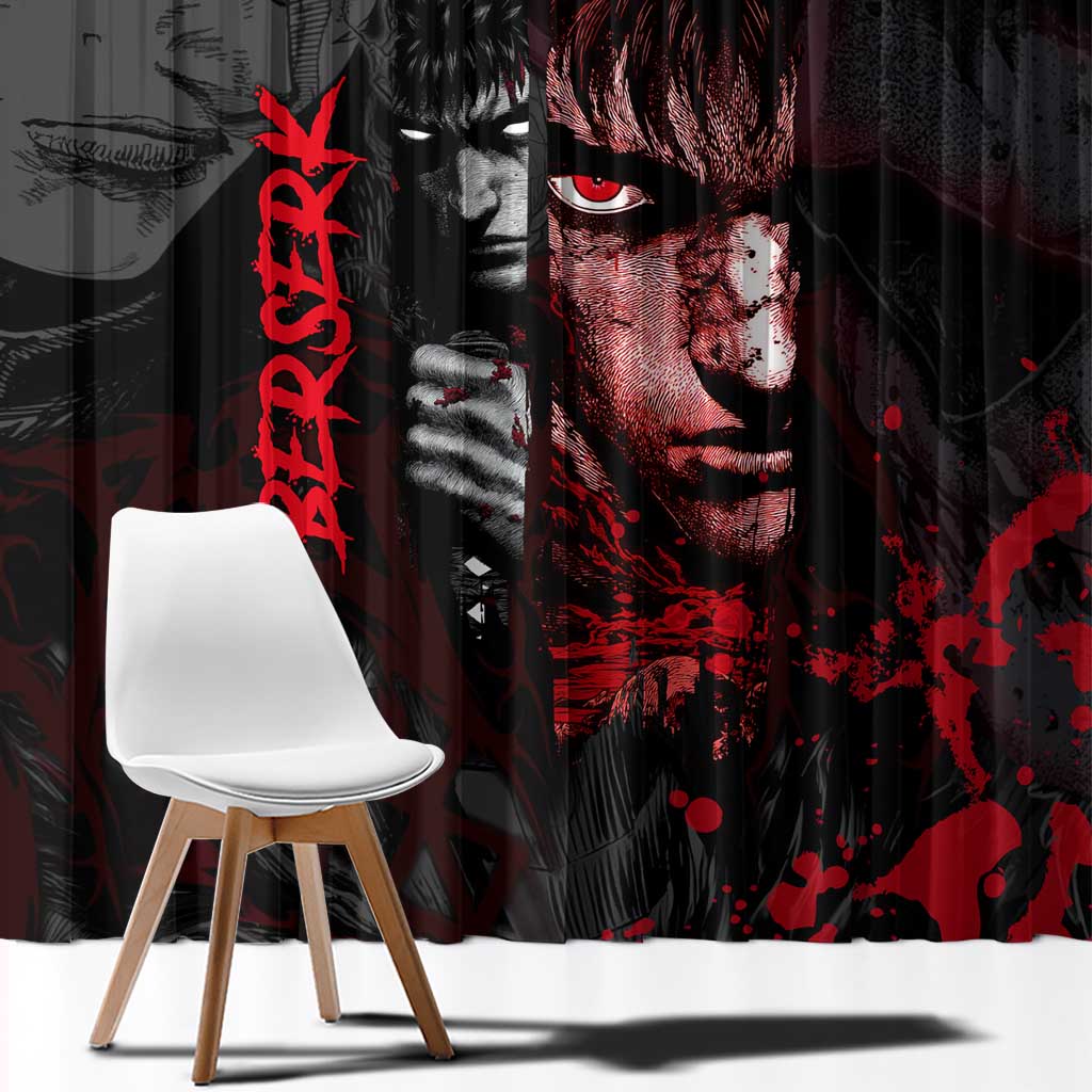 Guts Berserk Dark Theme Window Curtain with Blood Splatter and Intense Warrior Expression Design - The Mazicc