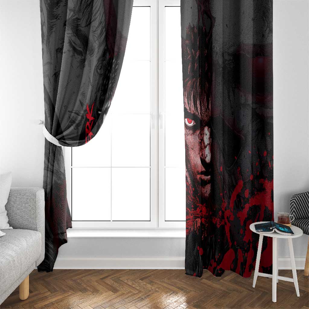 Guts Berserk Dark Theme Window Curtain with Blood Splatter and Intense Warrior Expression Design - The Mazicc