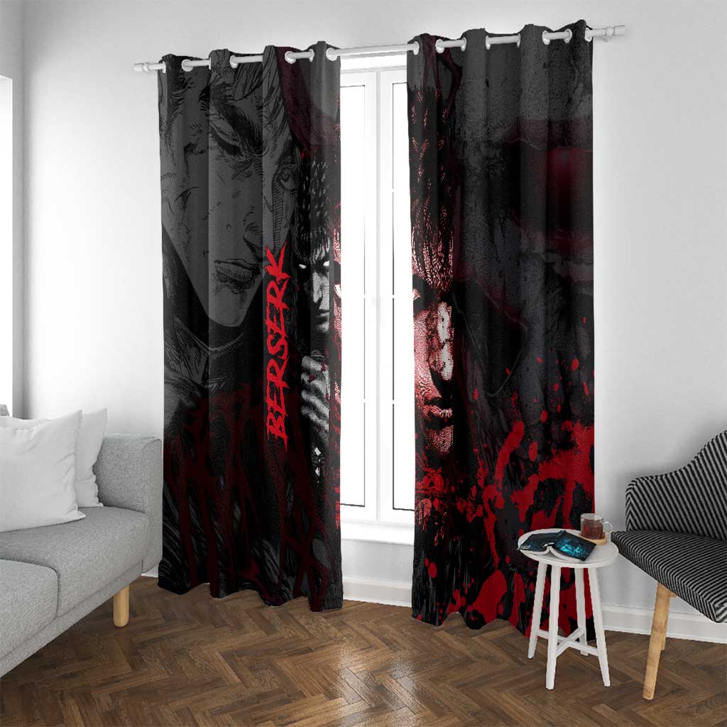 Guts Berserk Dark Theme Window Curtain with Blood Splatter and Intense Warrior Expression Design - The Mazicc