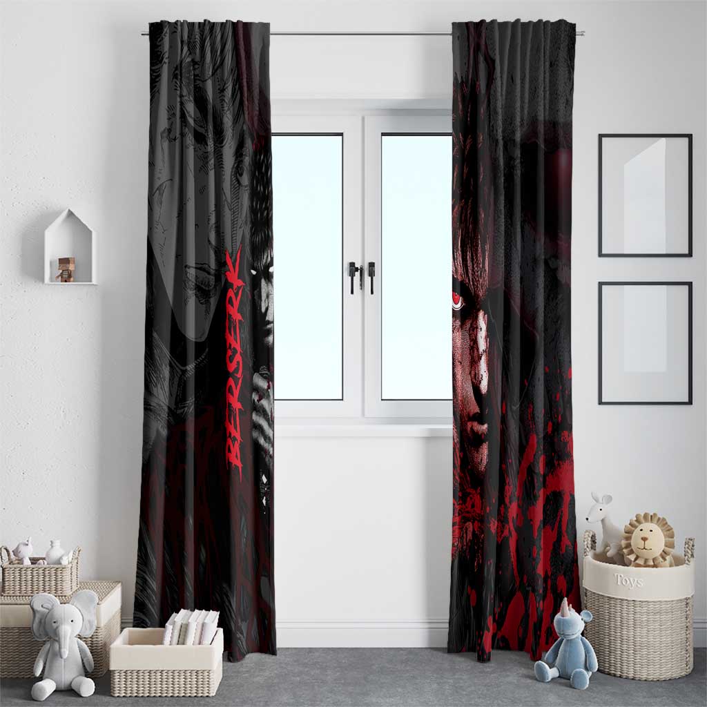 Guts Berserk Dark Theme Window Curtain with Blood Splatter and Intense Warrior Expression Design - The Mazicc