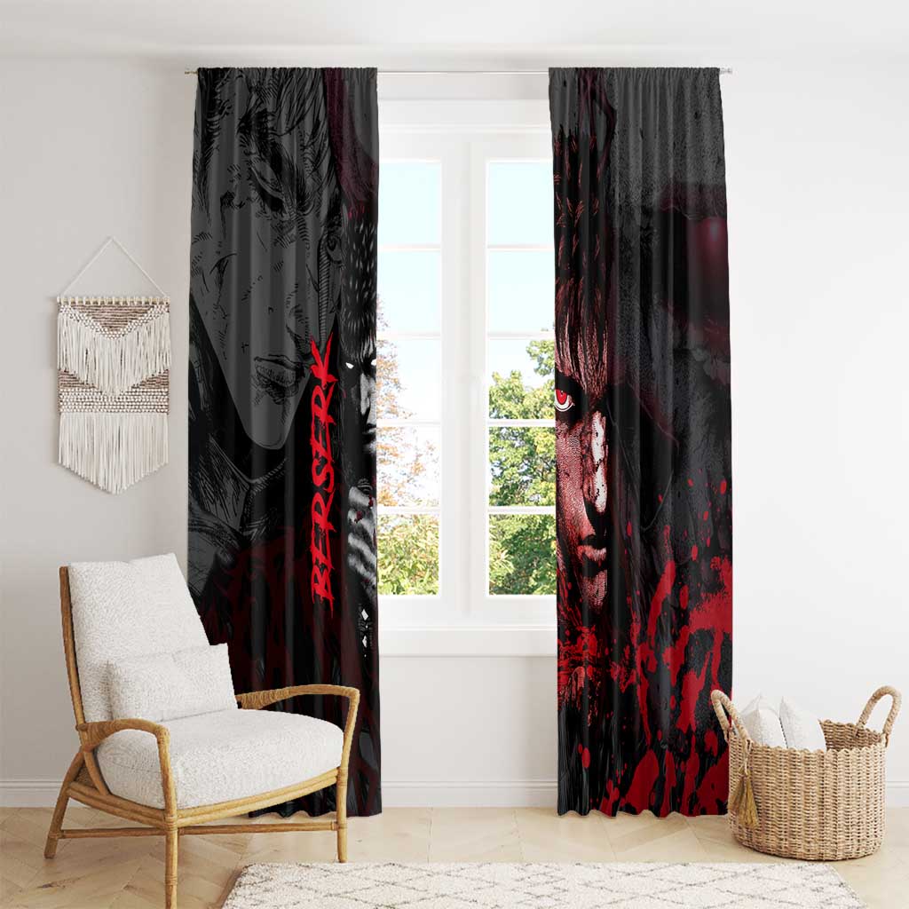 Guts Berserk Dark Theme Window Curtain with Blood Splatter and Intense Warrior Expression Design - The Mazicc