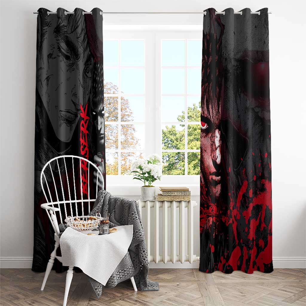 Guts Berserk Dark Theme Window Curtain with Blood Splatter and Intense Warrior Expression Design - The Mazicc