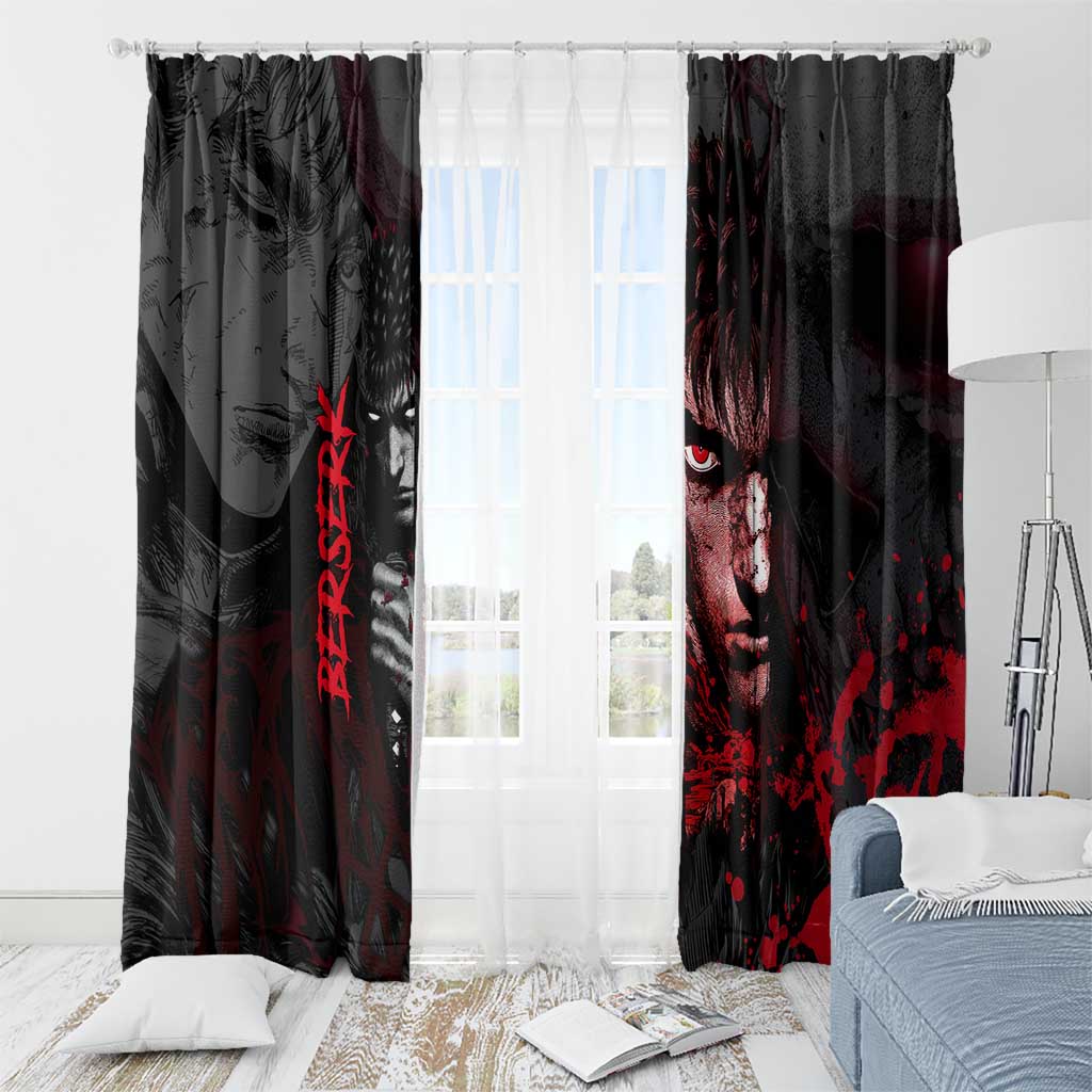 Guts Berserk Dark Theme Window Curtain with Blood Splatter and Intense Warrior Expression Design - The Mazicc
