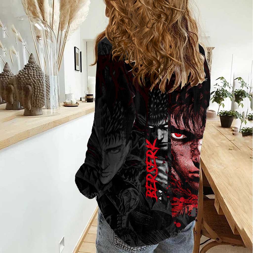 Guts Berserk Dark Theme Women Casual Shirt with Blood Splatter and Intense Warrior Expression Design - The Mazicc